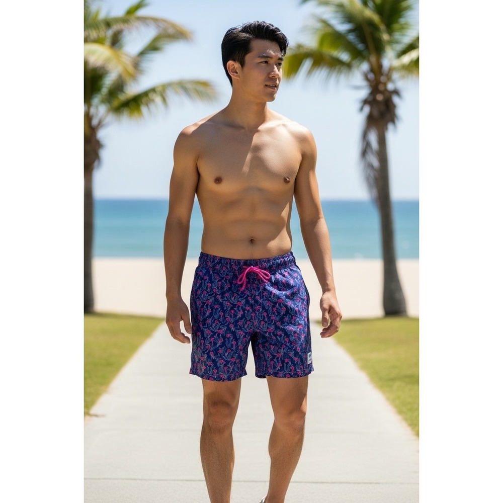 Beach Bros Surf Shop Men's L Basket Lined Swim Trunks Blue Flamingoes EUC